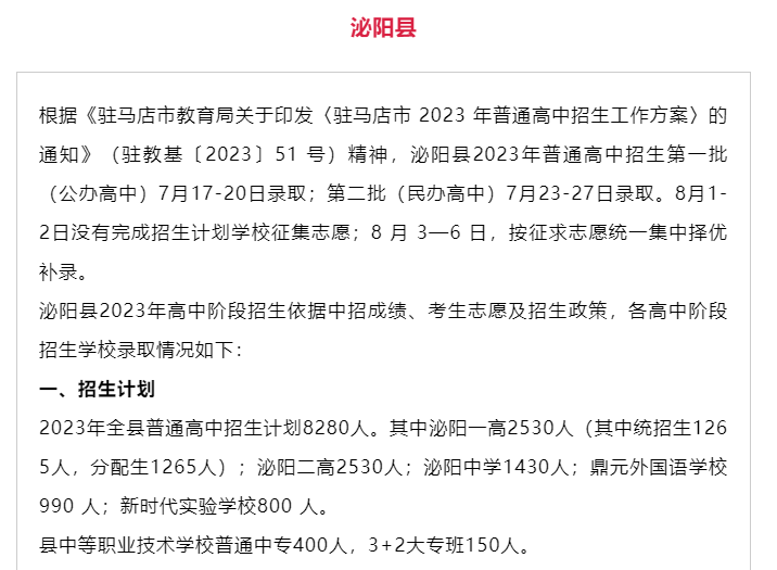 泌阳县各高中录取分数线公布