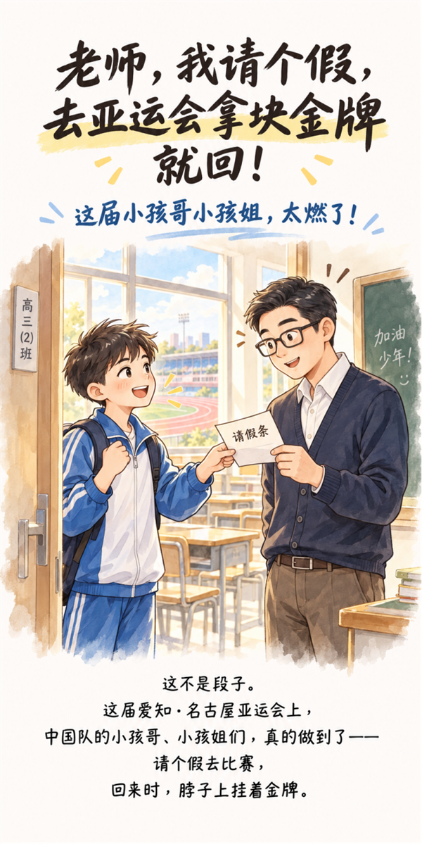 “老师，我请个假，去亚运会拿块金牌就回”